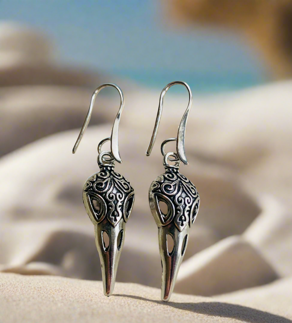 Ornate Patterned Raven Skull Earrings