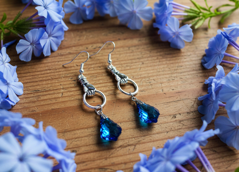 Bohemian Hand/Ring Connectors with Bermuda Blue Light-Reflecting Prism Earrings
