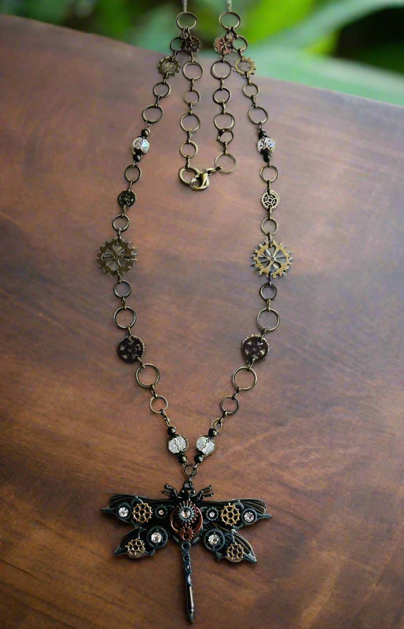 Steampunk Dragonfly Necklace with Vintage Czech Crystal Beads
