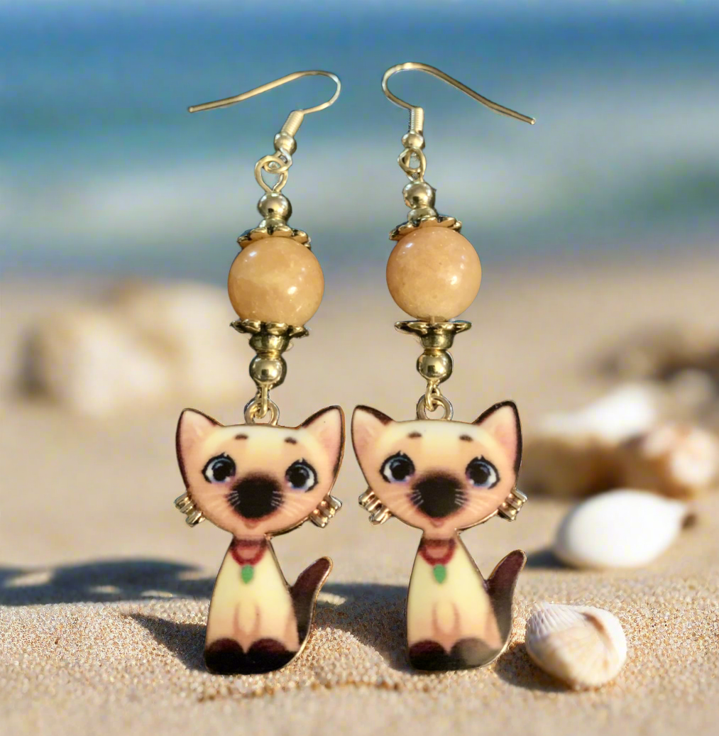 Enameled Kittycat Charm/Carnelian Gemstone Bead Earrings