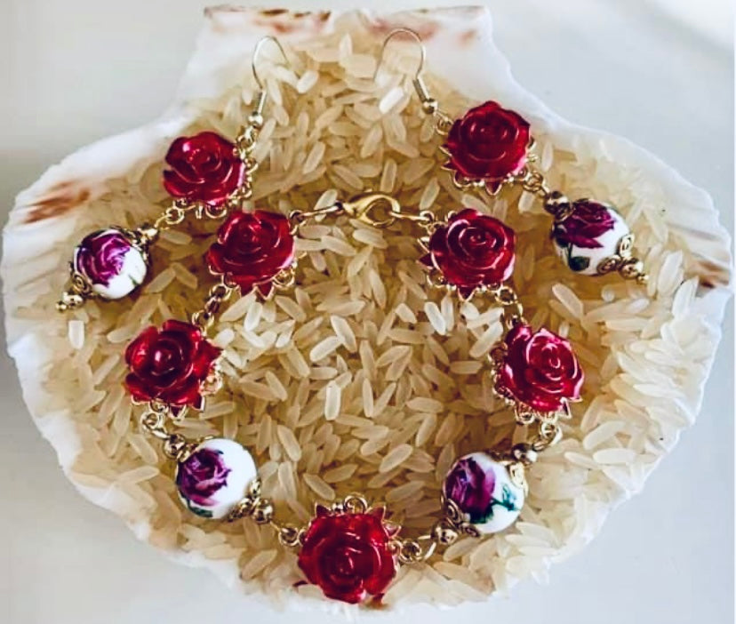 Enameled Rose Connector/Ceramic Bead Bracelet/Earring Set
