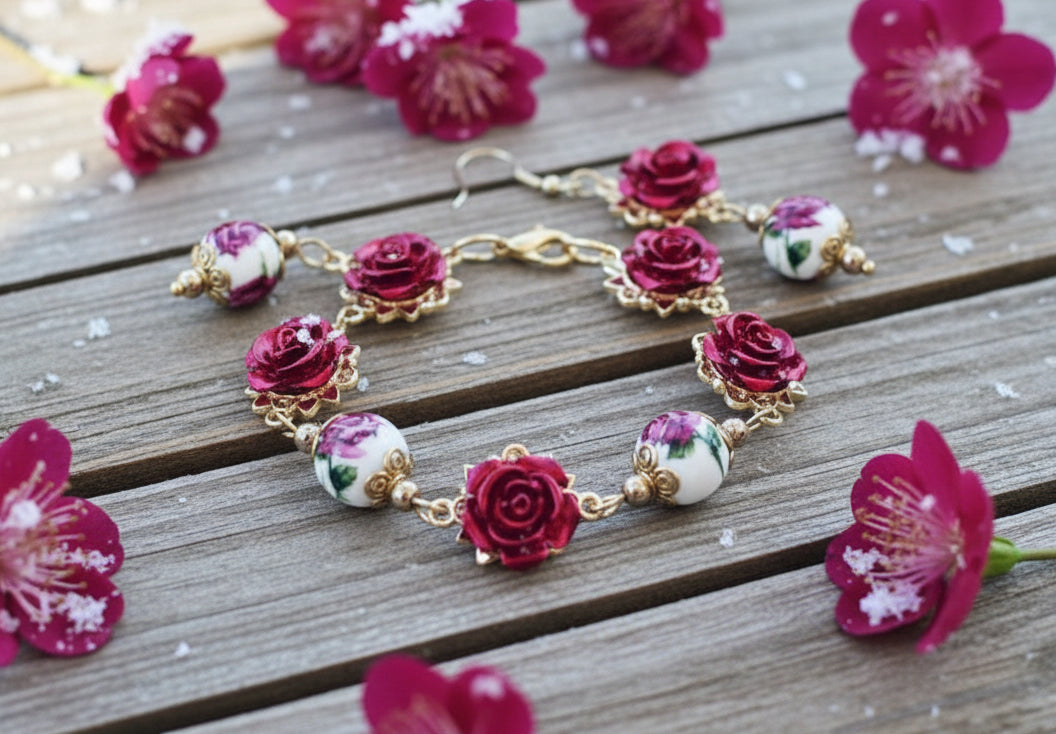 Enameled Rose Connector/Ceramic Bead Bracelet/Earring Set