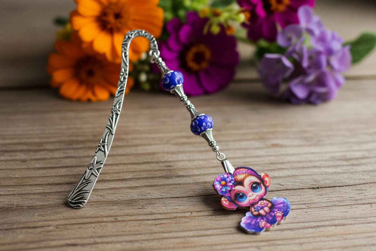 Mini Bookmark with Acrylic Monkey & Purple Clay Beads