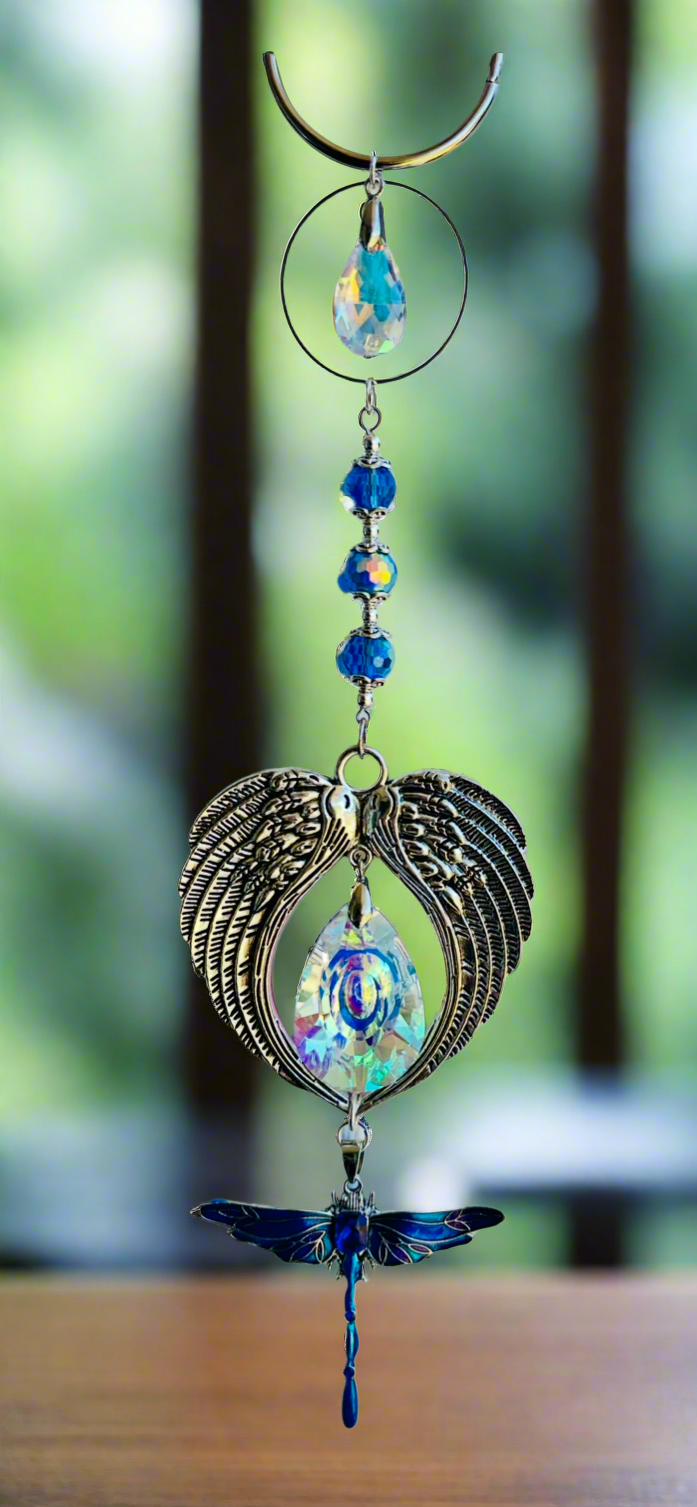 Angel Wing SunCatcher with Crystal Prisms & Blue Dragonfly Pendant