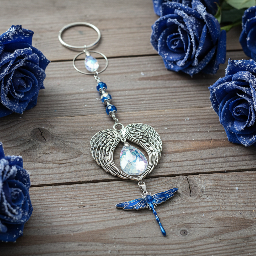 Angel Wing SunCatcher with Crystal Prisms & Blue Dragonfly Pendant