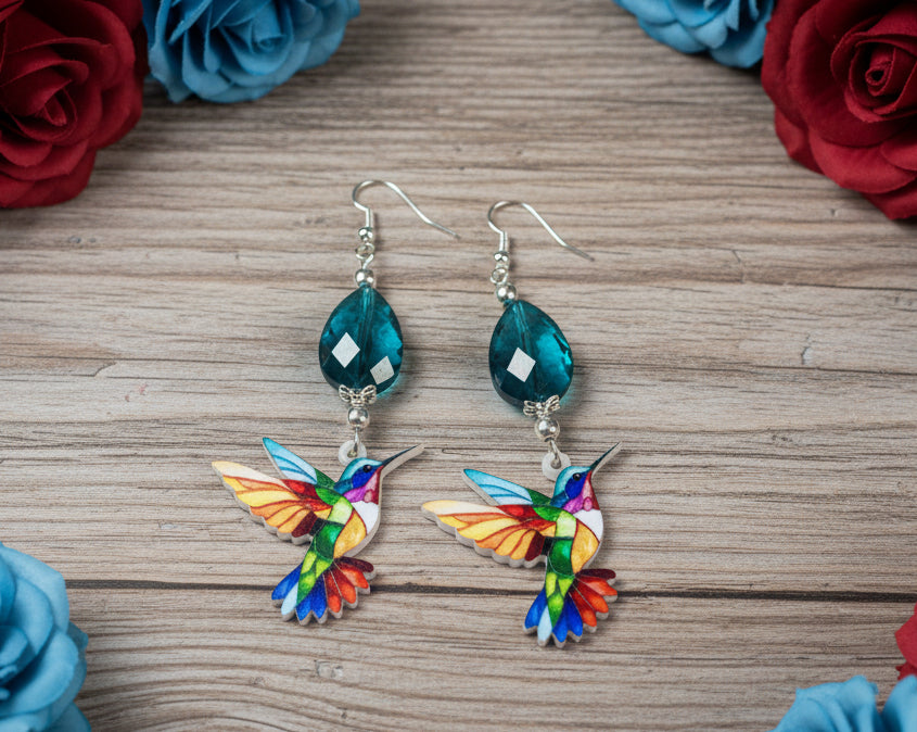 Acrylic ‘Stained Glass’ Hummingbird Earrings
