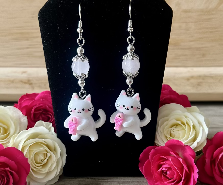 Polymer Cat Charm Earrings with Gemstone beads