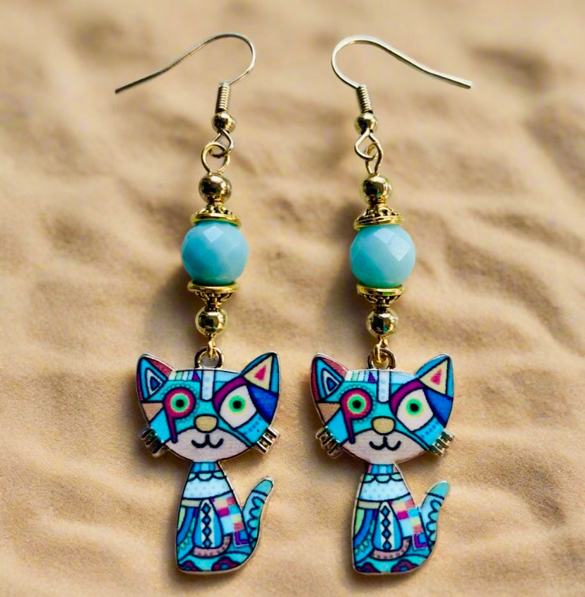 Enameled Patchwork Kitty Earrings