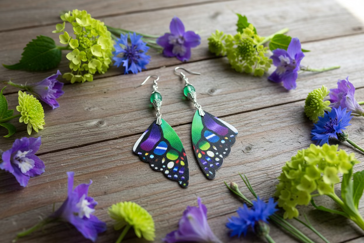Leather Butterfly Wing Earrings with Emerald Green Mermaid Glass Beads