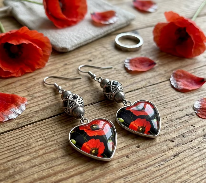 Glass Heart/Tibetan Rhinestone Bead Earrings