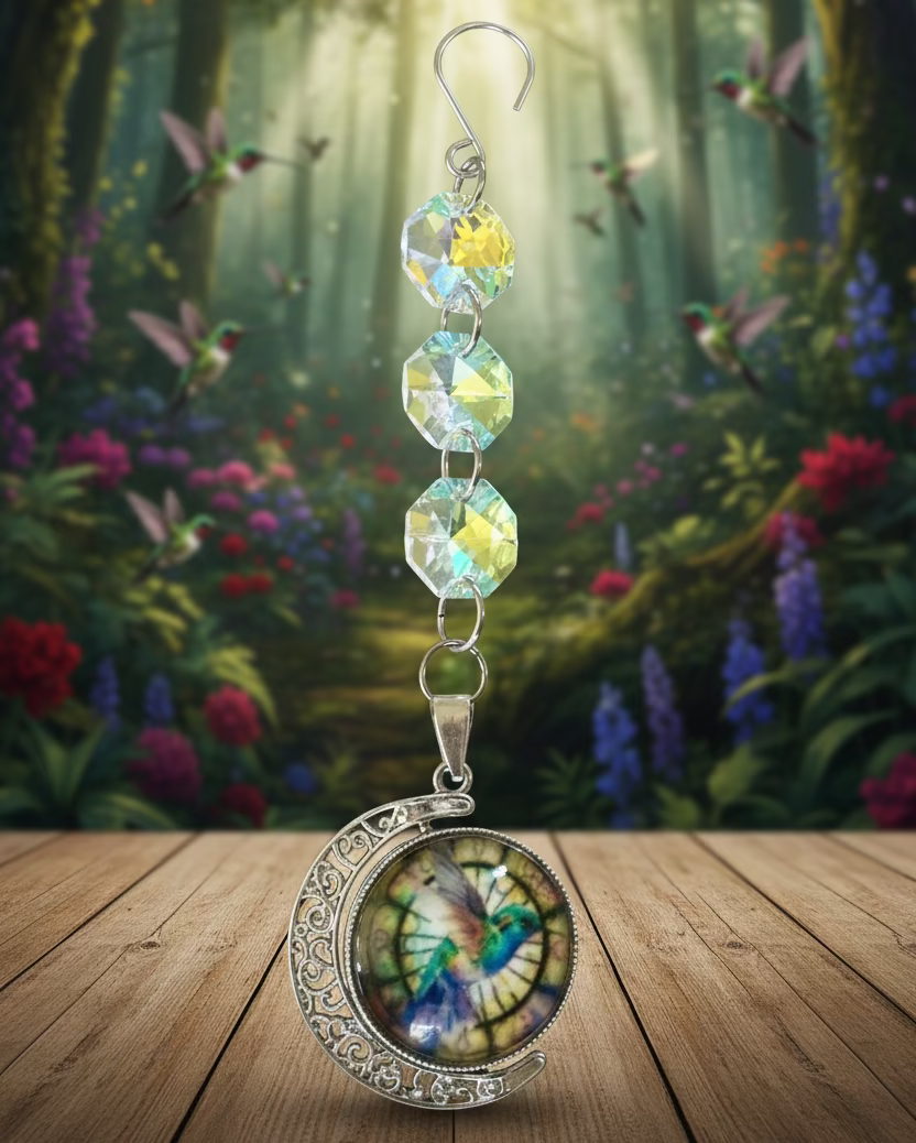 Glass Revolving Hummingbird Pendant Ornament/SunCatcher with Light-Reflecting Prisms