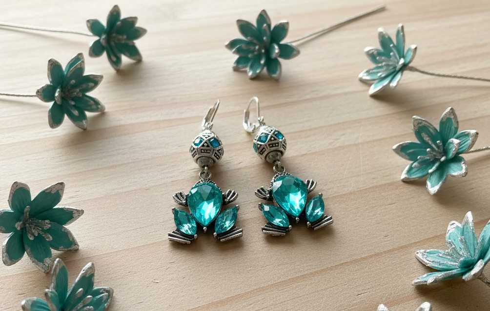 Teal Rhinestone Frog Charm Earrings