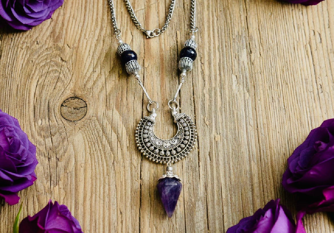 Amethyst Gemstone Pendulum/Bead Necklace