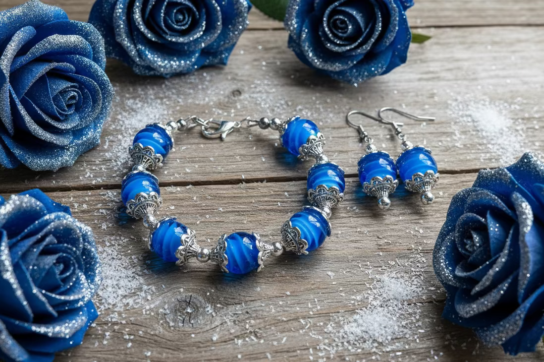 Electric Blue Swirl Lampwork Glass Bead Bracelet & Earring Set