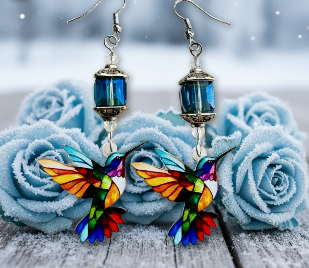 Acrylic Hummingbird Charm Earrings with Crystal Passion Crystal Beads