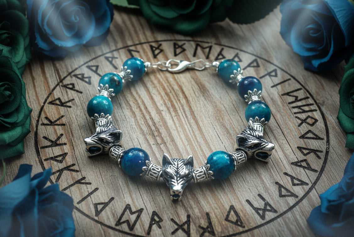 Blue Tiger’s Eye Bead/Stainless Steel Wolf Head Charm Spacers