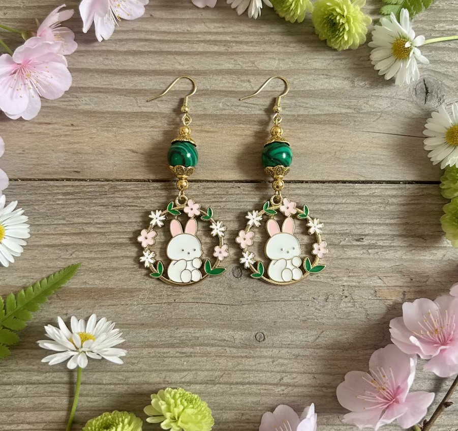 Bunny Charm Earrings with Malachite Gemstone Beads