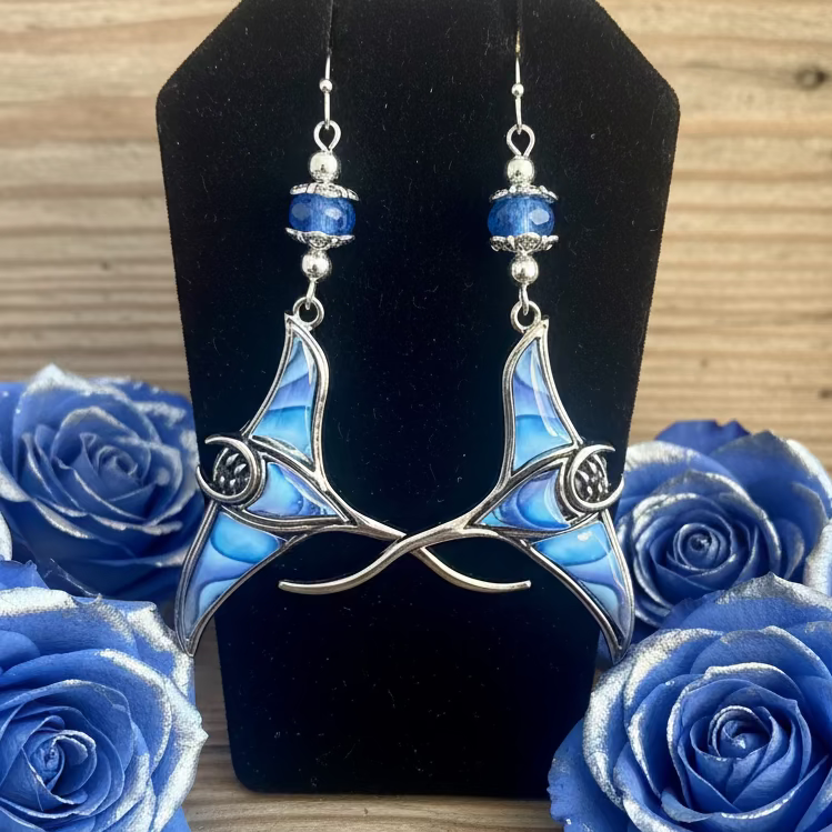 Stingray Stainless Steel/Acrylic Earrings with Blue Glass Beads