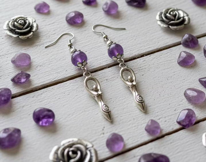 Goddess Charm Earrings with Amethyst Gemstone Beads