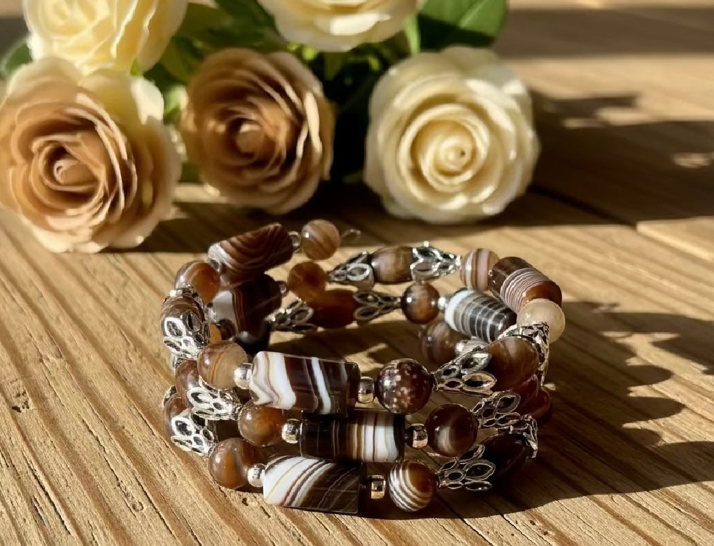 Banded Agate Gemstone Wraparound Bracelet