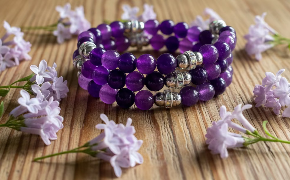 Amethyst Bead Wraparound Bracelet with AB Rhinestone Spacers