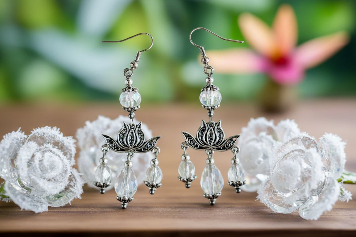 Lotus Flower Earrings with Vintage Crystal Beads