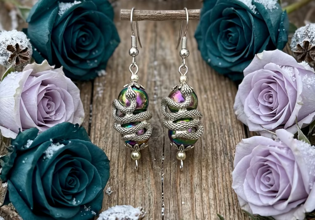 Zinc Alloy Snake/Rainbow Hematite Bead Earrings