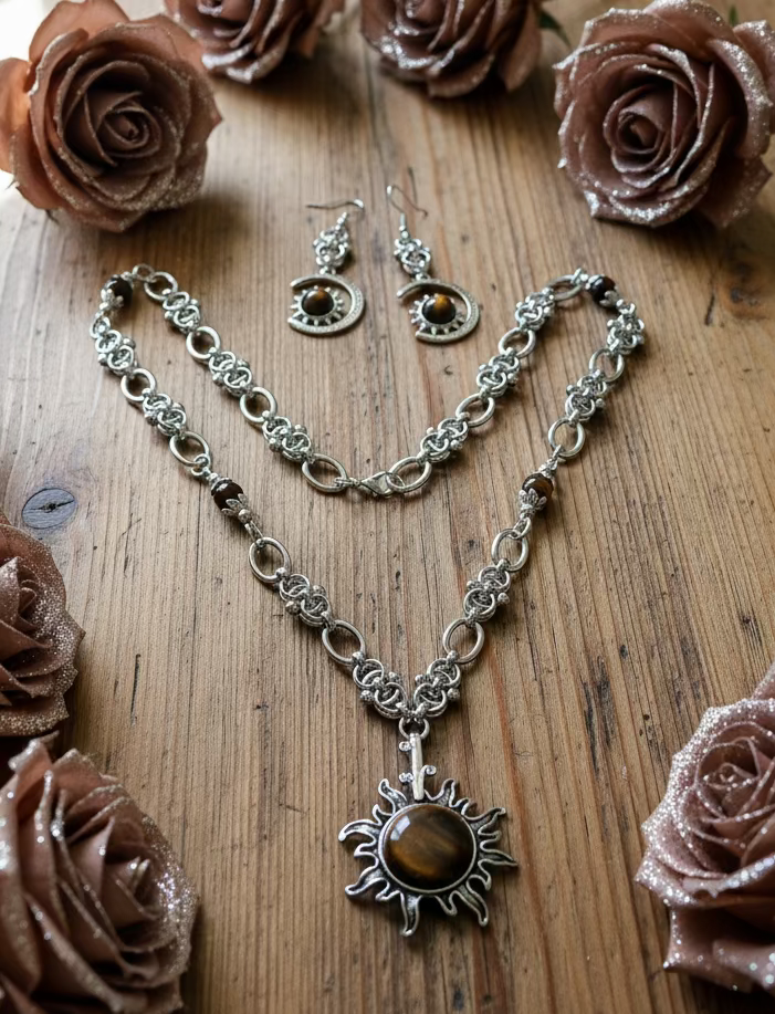 Tiger’s Eye Gemstone Sun Pendant Necklace with Moon Earrings