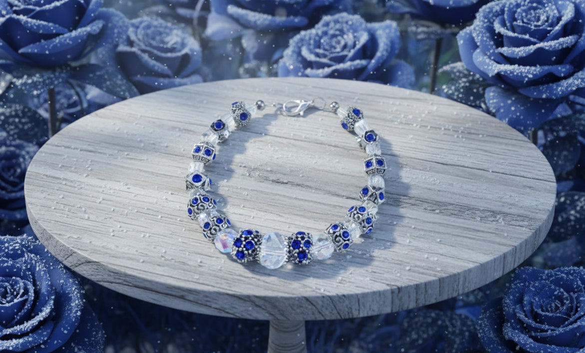 Alloy/Cobalt Blue Rhinestone Spacer Bracelet With Vintage Crystal Beads