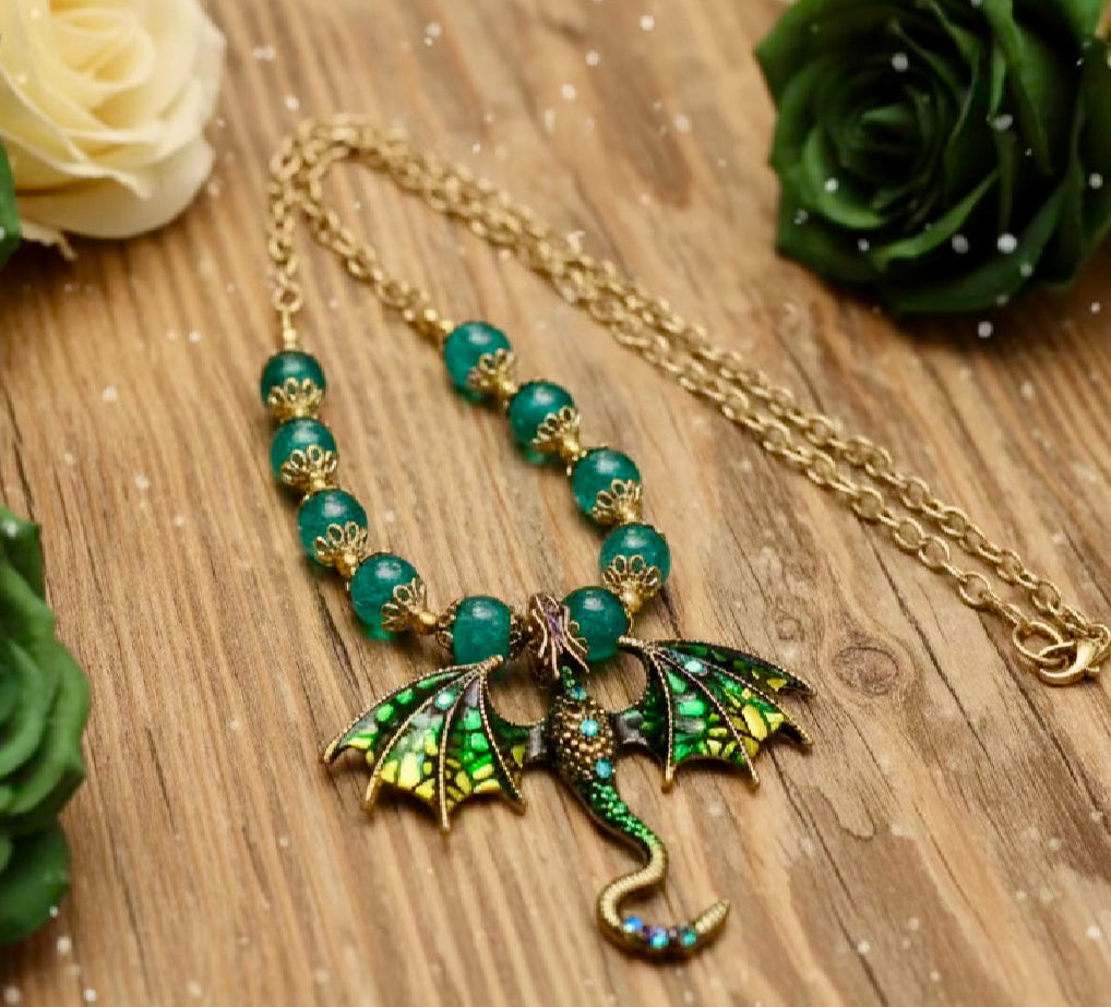 Dragon Pendant Necklace with Green Crackle Glass Beads