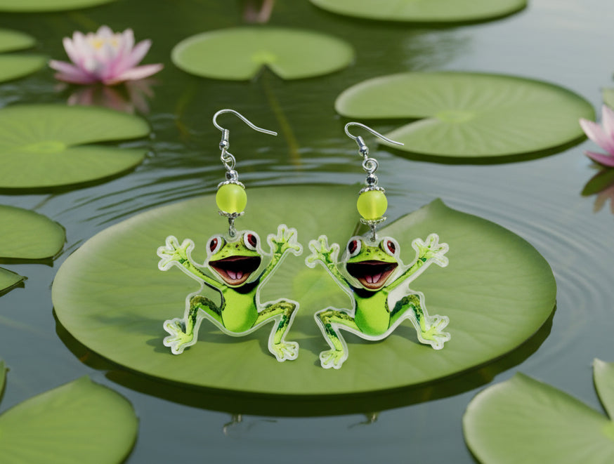 Acrylic Happy Frog Earrings with Aventurine Beads