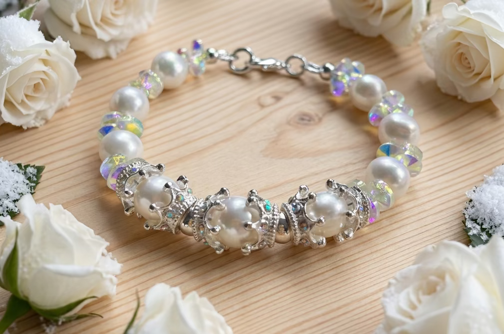 Freshwater Pearl Bracelet with Rhinestone Crown Caps