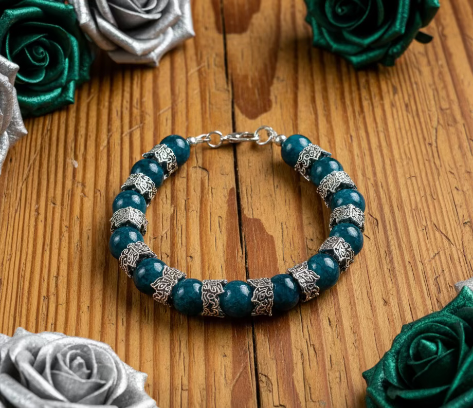 Blue Chalcedony Gemstone Bead Bracelet with Butterfly Crown Spacers