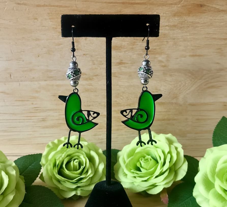 Acrylic/Black Metal Bird Charm Earrings