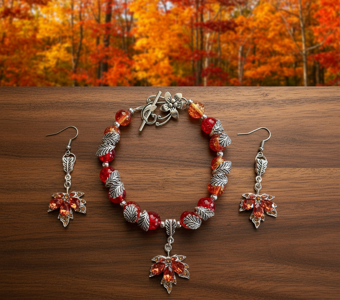Red/Orange Crackle Glass/Tibetan Silver Leaves Bracelet & Earring Set