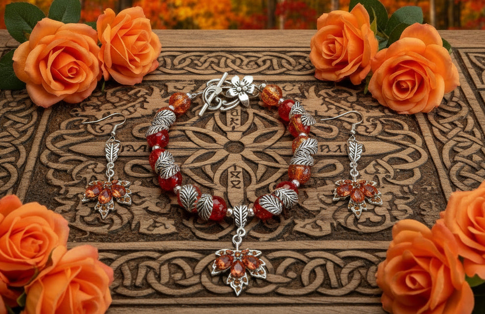 Red/Orange Crackle Glass/Tibetan Silver Leaves Bracelet & Earring Set