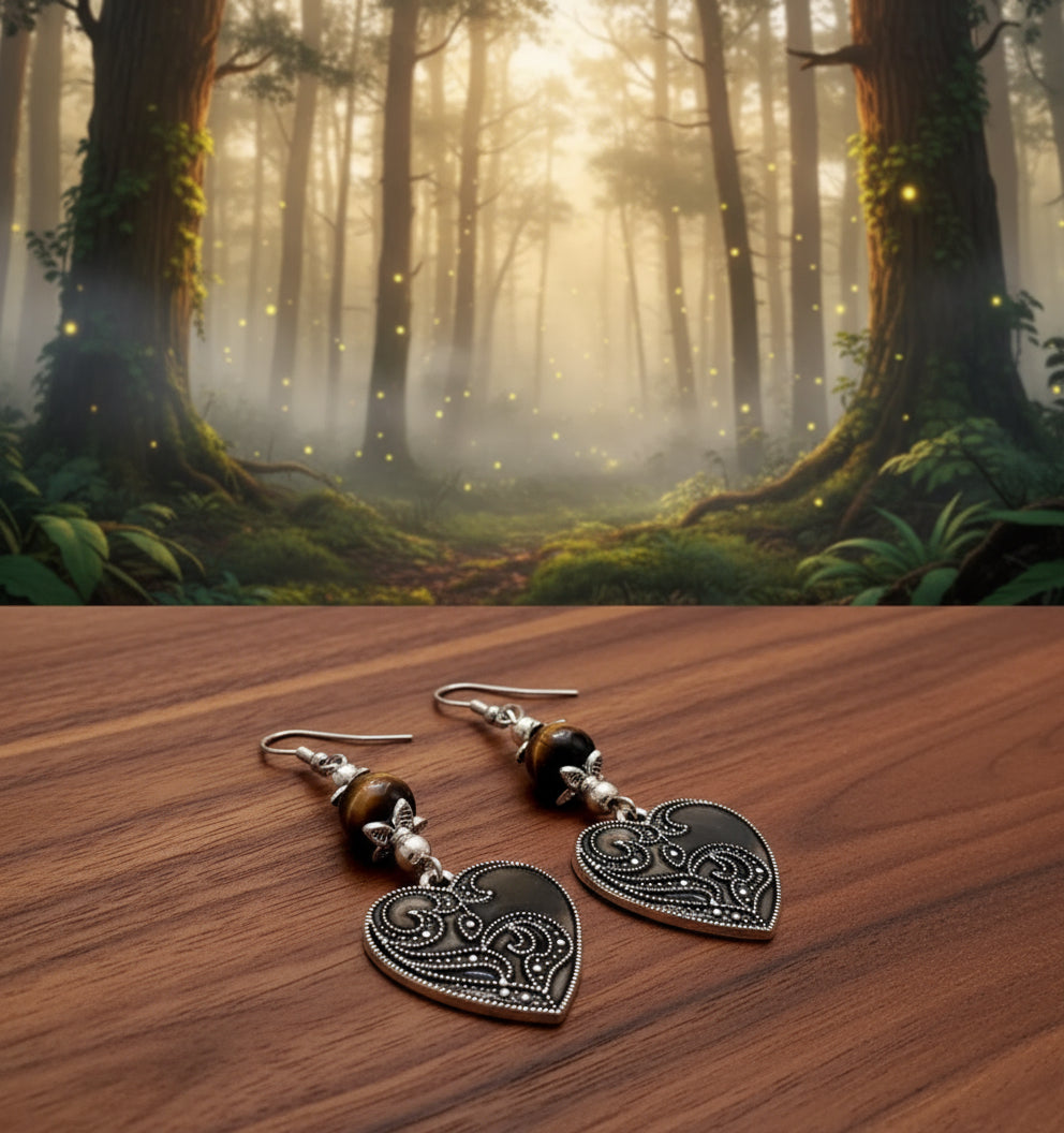 Tigereye Gemstone/Mocha Enameled Heart Charm Earrings