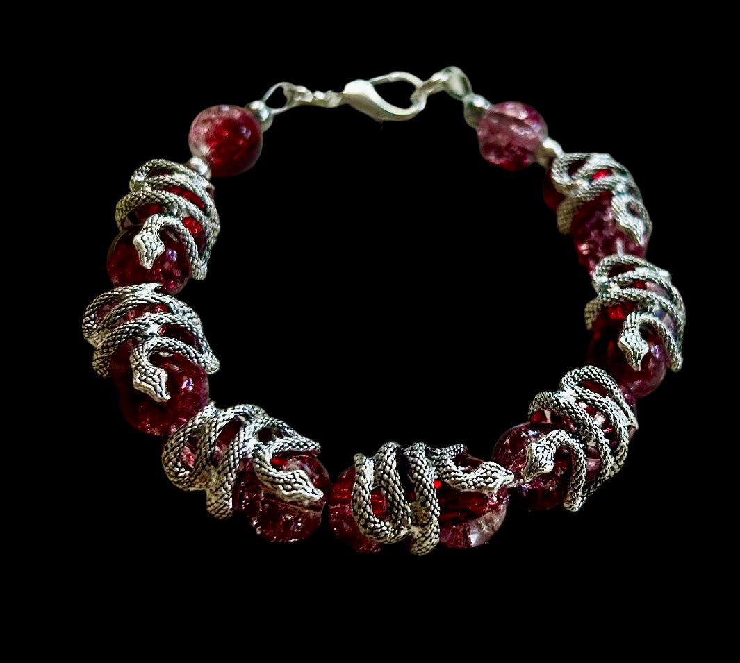 Alloy Snake Snake/Red Crackle Glass Bead Bracelet