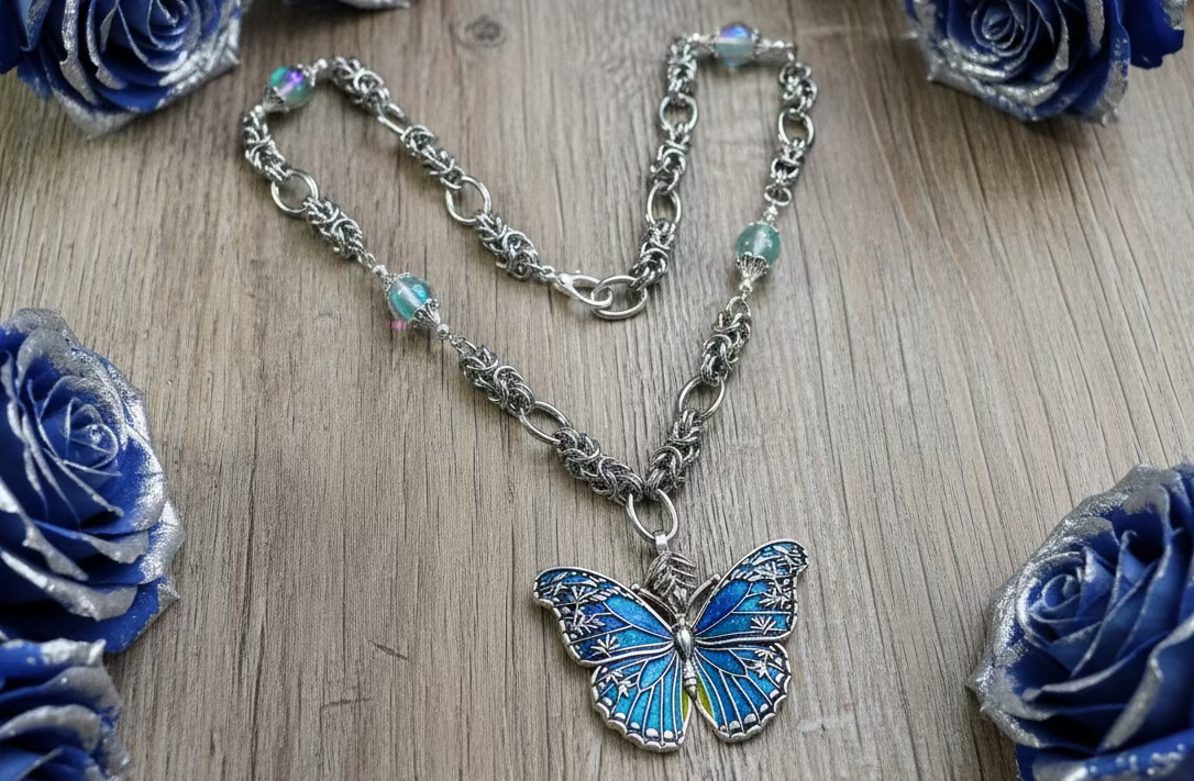 Enameled Teal Blue Butterfly Pendant Necklace