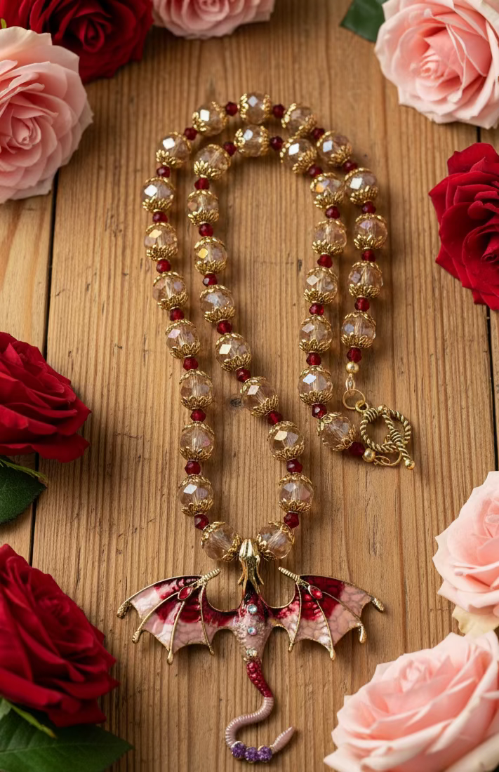 Dragon Pendant Necklace with Czech Glass Beads