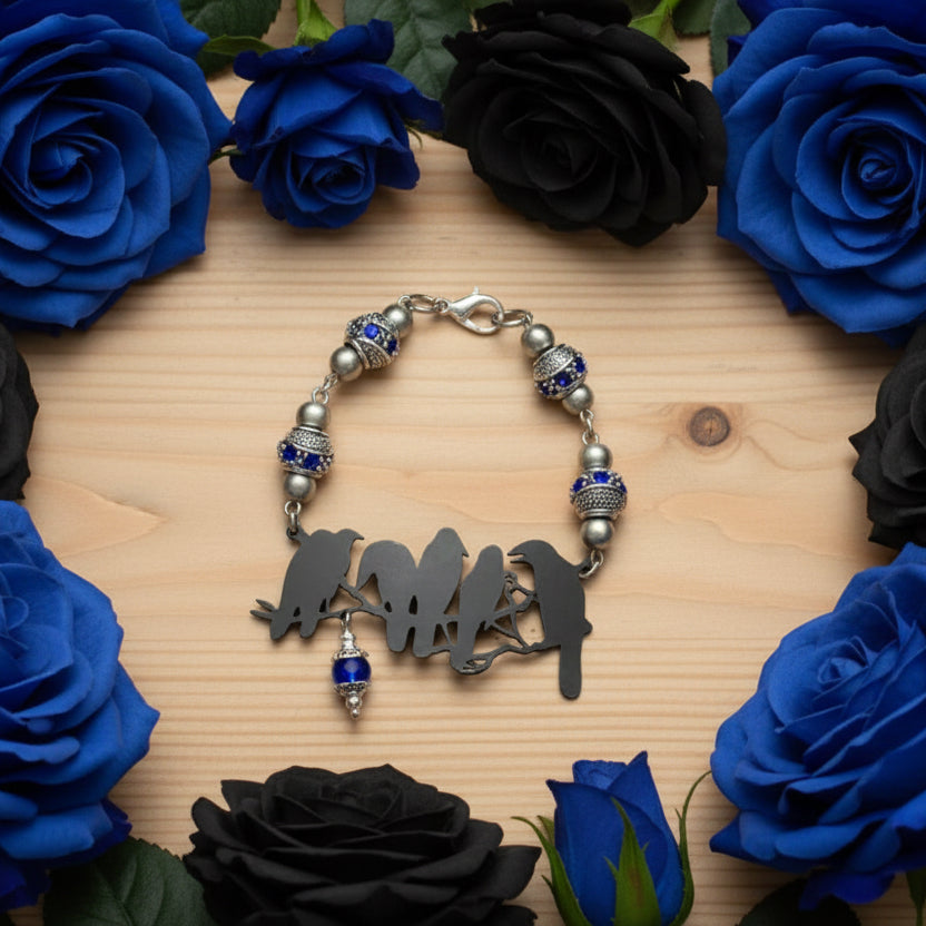 Black Metal Crow Bracelet with Blue/Metal Rhinestone Beads