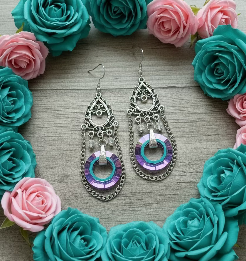 Pink Teal Light-Reflecting Donut Chandelier Earrings