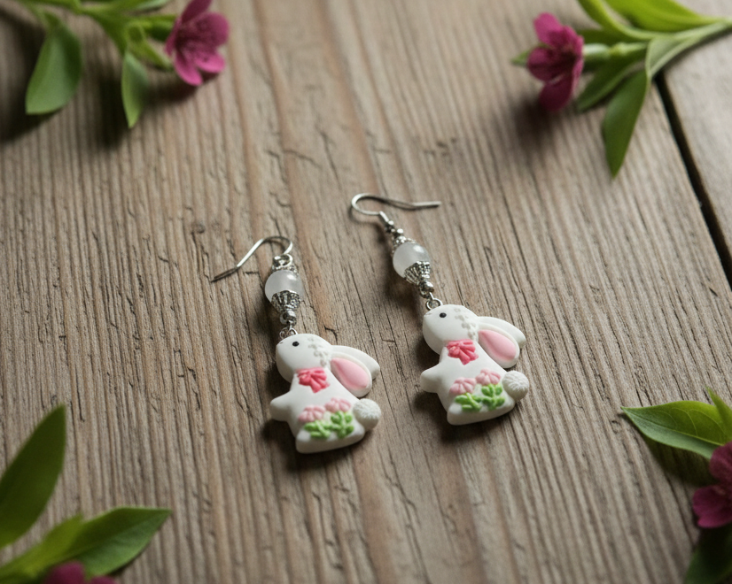 Polymer Bunny Earrings with Aventurine Beads