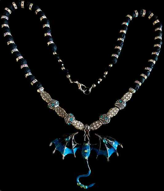 Azure Blue/Black Enameled Alloy Dragon Pendant Necklace