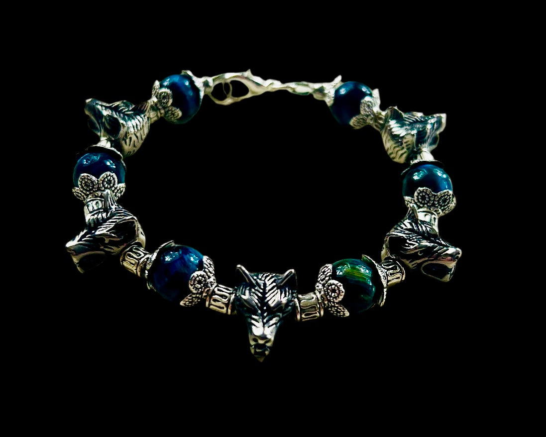 Blue Tiger’s Eye Bead Bracelet with Wolf Head Spacer Charms
