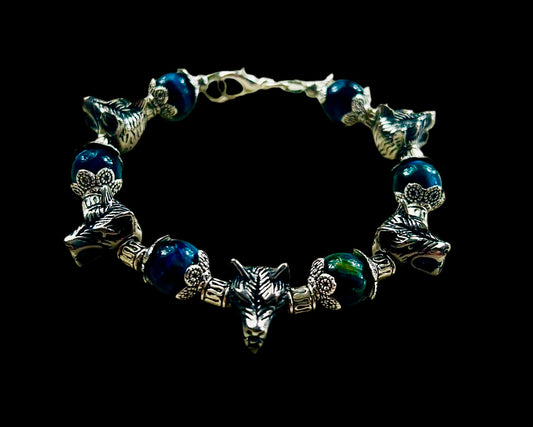 Blue Tiger’s Eye Bead Bracelet with Wolf Head Spacer Charms