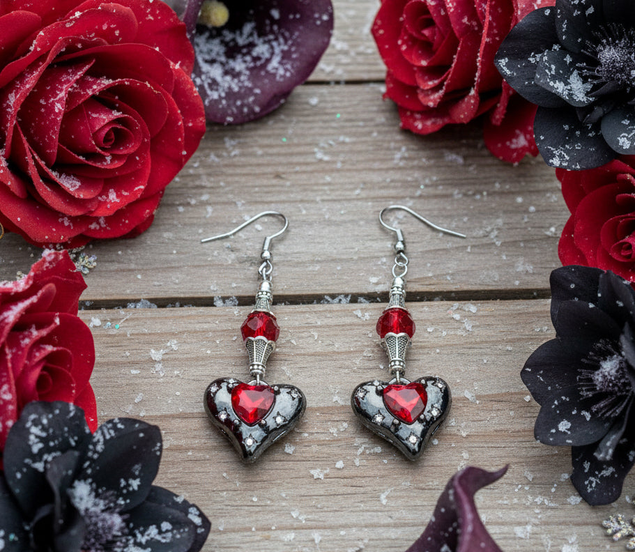 Black/Red Heart Drop Earrings
