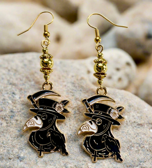 Enameled Crow Charm Earrings with Brass Ball Beads