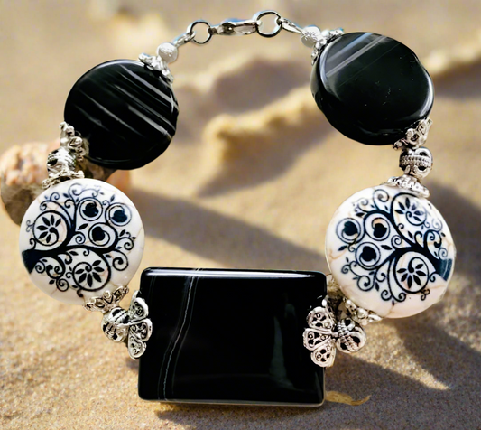 Ceramic Tree of Life/Banded Agate Bracelet