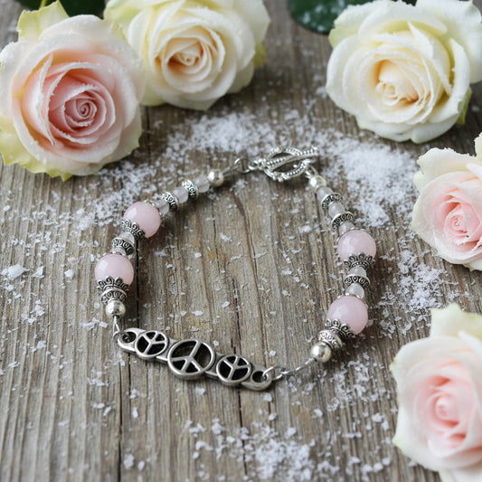 Rose Quartz Bead Bracelet with Pewter Peace Sign Connector